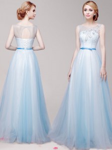 Fashion Scoop Floor Length Lace Up Prom Gown Light Blue for Prom with Appliques and Bowknot