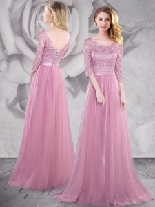 With Train Pink Prom Dresses Scoop Half Sleeves Brush Train Lace Up
