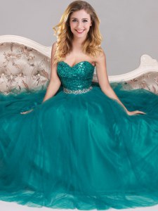 Peacock Green Sleeveless Floor Length Sequins Zipper Prom Gown