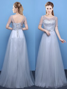 High Quality Grey Scoop Lace Up Beading Prom Evening Gown Short Sleeves