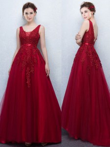 With Train Backless Prom Evening Gown Wine Red for Prom with Appliques and Belt Brush Train