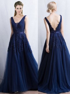 Customized Navy Blue Sleeveless With Train Appliques and Belt Backless Prom Dresses
