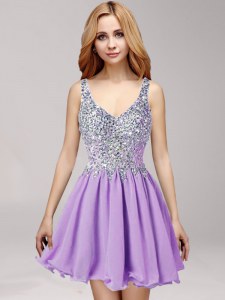 Mini Length Lavender Evening Dress Straps Sleeveless Side Zipper