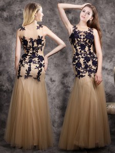 Eye-catching Mermaid Champagne Evening Dress Prom and For with Lace and Appliques Scoop Sleeveless Side Zipper