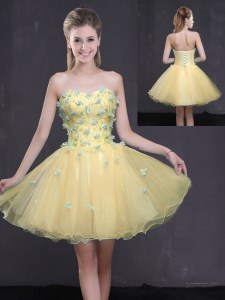 Comfortable Light Yellow A-line Sweetheart Sleeveless Organza Mini Length Lace Up Appliques