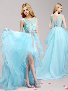 Fantastic Aqua Blue A-line Tulle Scoop Sleeveless Appliques and Bowknot High Low Lace Up Evening Dress