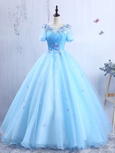 Custom Fit Baby Blue Scoop Neckline Appliques and Ruching Prom Gown Short Sleeves Lace Up