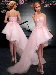Baby Pink Tulle Lace Up Prom Evening Gown Sleeveless Asymmetrical Appliques