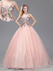 See Through Baby Pink A-line Straps Sleeveless Tulle Floor Length Criss Cross Appliques Sweet 16 Dresses
