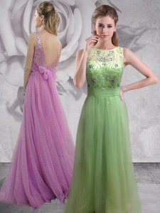 Admirable Backless Lilac Sleeveless Brush Train Beading With Train Prom Party Dress