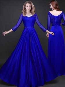 V-neck Long Sleeves Lace Up Prom Party Dress Royal Blue Elastic Woven Satin