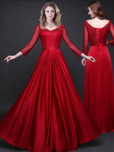 Wine Red Elastic Woven Satin Lace Up Prom Dresses Long Sleeves Floor Length Appliques and Belt