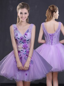 Simple Mini Length Lavender Dress for Prom Sleeveless Lace Up