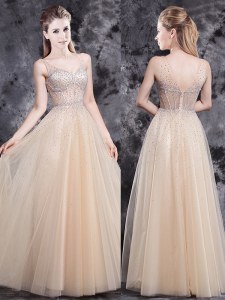 Custom Made Beading Prom Dress Champagne Zipper Sleeveless Floor Length