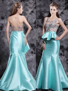 Brush Train Mermaid Prom Dress Aqua Blue Scoop Satin Sleeveless Zipper