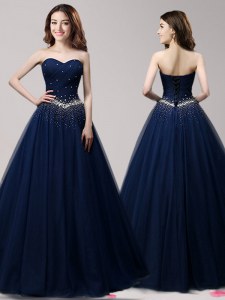 Trendy Sweetheart Sleeveless Evening Gowns Floor Length Beading Navy Blue Tulle