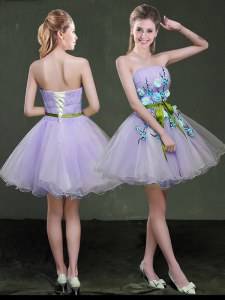 Lavender A-line Appliques and Belt Prom Dress Lace Up Organza Sleeveless Mini Length