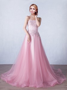 Pink Lace Up Strapless Appliques Tulle Sleeveless Brush Train