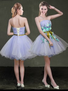 Lavender Prom Dress Prom and Party and For with Appliques and Belt Strapless Sleeveless Lace Up