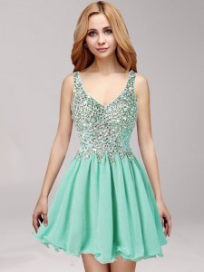Elegant Apple Green A-line Chiffon Straps Sleeveless Beading and Ruffles Mini Length Side Zipper Prom Gown