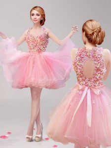 Stunning Pink Halter Top Backless Ruffles and Hand Made Flower Dress for Prom Sleeveless