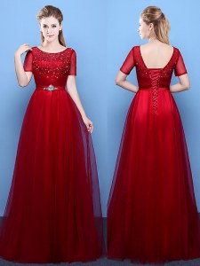 Sexy Scoop Short Sleeves Evening Dress Floor Length Beading Wine Red Tulle