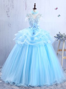 Hot Sale V-neck Short Sleeves Prom Party Dress Floor Length Appliques and Ruffles Baby Blue Organza