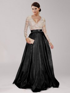 Black Zipper Prom Dresses Beading and Belt Long Sleeves Floor Length