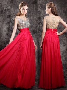 Coral Red Zipper Prom Gown Beading Cap Sleeves Floor Length
