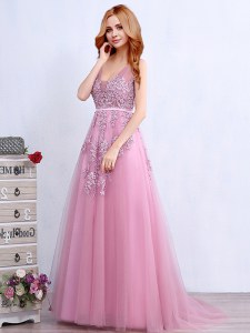 New Arrival Backless V-neck Sleeveless Dress for Prom With Brush Train Appliques and Belt Pink Tulle
