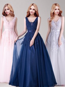Floor Length Backless Prom Evening Gown Baby Pink for Prom with Appliques and Belt