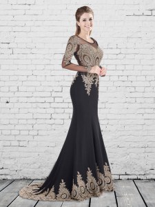 Comfortable Black Mermaid Elastic Woven Satin Scoop Long Sleeves Appliques With Train Lace Up Evening Dress Brush Train