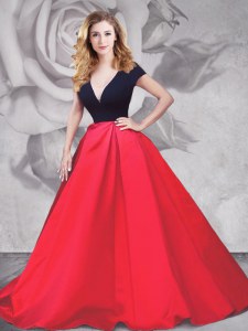 Short Sleeves Satin and Tulle With Brush Train Zipper Evening Dress in Red And Black with Ruching