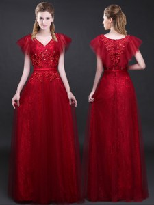 Unique Lace Short Sleeves Floor Length Appliques and Belt Zipper Prom Gown with Wine Red