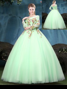 Tulle Scoop Long Sleeves Lace Up Appliques Quince Ball Gowns in Apple Green
