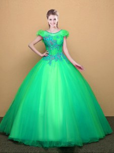 Great Turquoise Lace Up Scoop Appliques Quinceanera Gowns Tulle Short Sleeves