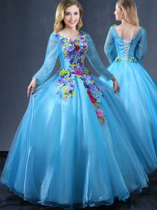 Fashion Baby Blue Ball Gowns Tulle V-neck Long Sleeves Appliques Floor Length Lace Up 15 Quinceanera Dress