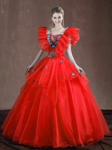 Glamorous Sleeveless Organza Floor Length Lace Up Quinceanera Dress in Red with Appliques and Ruffles
