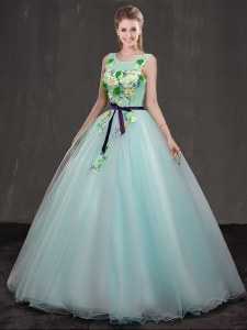 Pretty Scoop Sleeveless Organza Floor Length Lace Up 15th Birthday Dress in Apple Green with Appliques