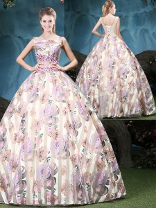 Comfortable Straps Sleeveless Tulle Floor Length Lace Up 15 Quinceanera Dress in Multi-color with Appliques and Pattern