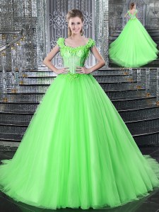 Edgy Straps Sleeveless Tulle Sweet 16 Dress Beading and Appliques Brush Train Lace Up