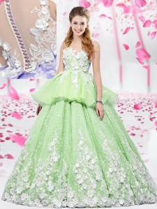 Shining Scoop Yellow Green Organza and Tulle Lace Up Quinceanera Gowns Sleeveless Floor Length Lace and Appliques