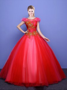 Best Selling Scoop Short Sleeves Floor Length Appliques Lace Up Sweet 16 Dresses with Coral Red
