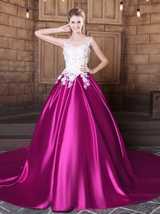 Top Selling Scoop Appliques 15 Quinceanera Dress Fuchsia Lace Up Sleeveless With Train Court Train