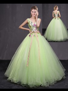 Appliques and Belt Quinceanera Gowns Yellow Green Lace Up Sleeveless Floor Length