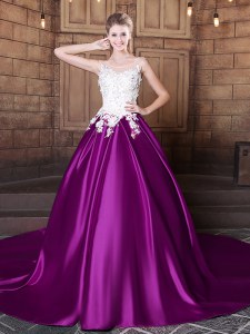 Fashion Eggplant Purple Scoop Neckline Lace and Appliques Quinceanera Gown Sleeveless Lace Up