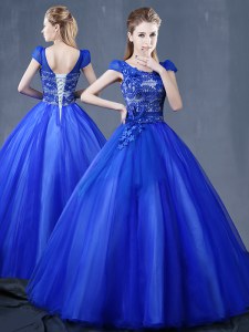 Artistic Short Sleeves Floor Length Lace Up Sweet 16 Dress Royal Blue for Military Ball and Sweet 16 and Quinceanera with Lace and Appliques