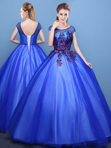 Great Royal Blue Ball Gown Prom Dress Military Ball and Sweet 16 and Quinceanera and For with Appliques Scoop Cap Sleeves Lace Up