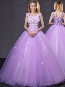 Lavender Tulle Lace Up Sweet 16 Dresses Sleeveless Floor Length Lace and Appliques