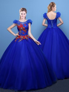 Stunning Scoop Floor Length Royal Blue 15 Quinceanera Dress Tulle Short Sleeves Appliques